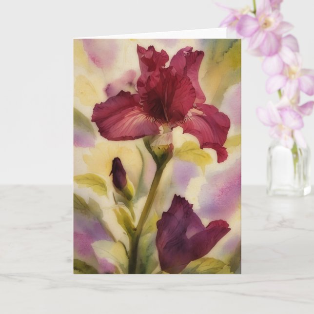 Dark Burgundy Red Flowers Iris Garden Art Note Card (Orchid)