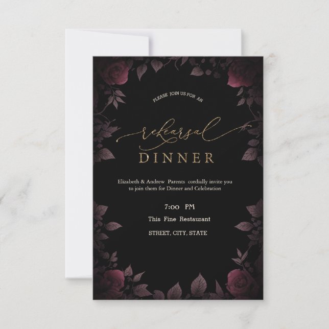  Dark Burgundy Roses Black Rehearsal Dinner   Invitation (Front)