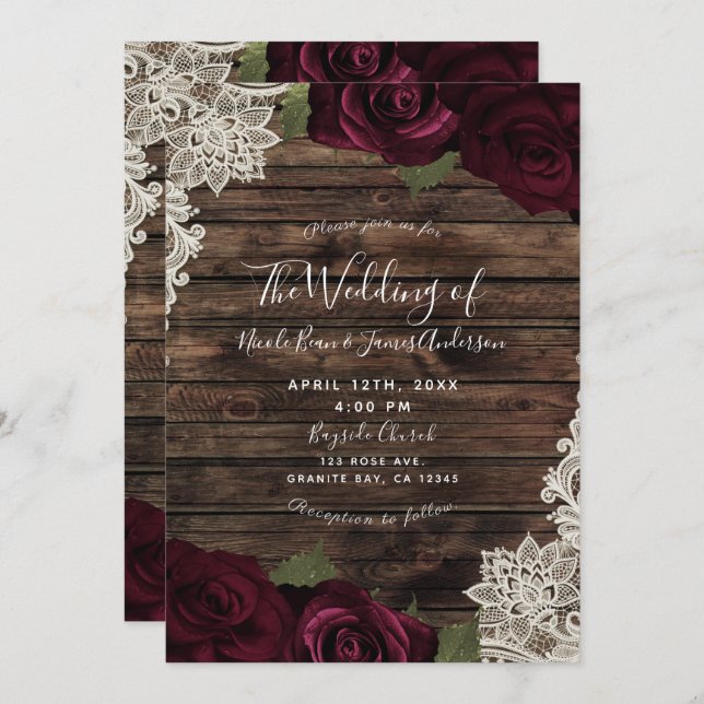 Dark Burgundy Roses Rustic Cream Lace Wedding Invitation (Front/Back)