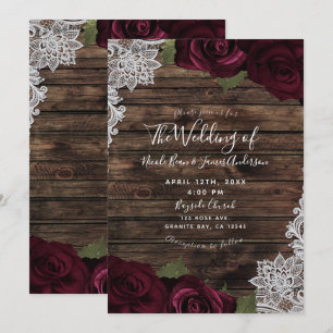 Dark Burgundy Roses Rustic White Lace Wedding Invitation