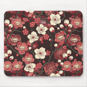 Dark Burgundy Sakura Floral Coral Blossom Pattern Mouse Pad