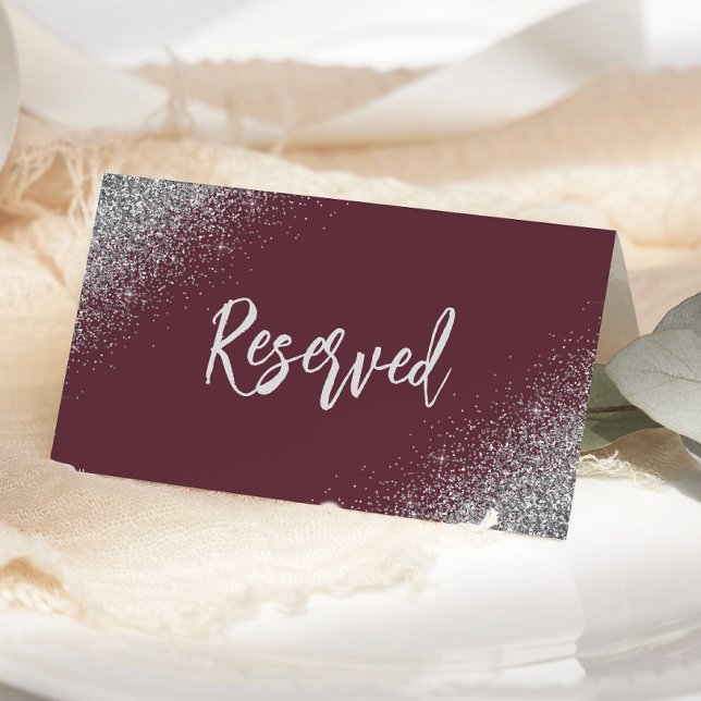 Dark Burgundy Silver Glitter Reserved Wedding Place Card (Creator Uploaded)