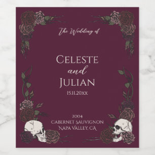 Dark Burgundy Skulls & Roses Gothic Wedding Wine Label