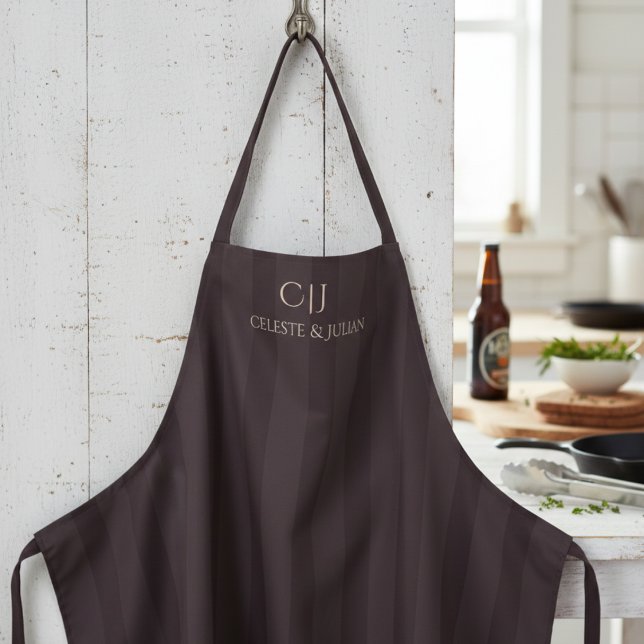 Dark Burgundy Stripes Monogram Wedding Apron (Elegant Thick Wide Burgundy on Burgundy Stripes for Him. Monogrammed Gothic Wedding Gift for Couple)