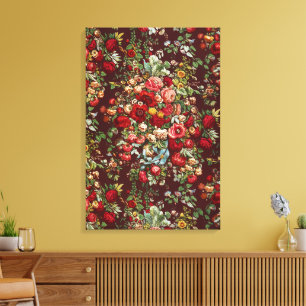 Dark Burgundy Victorian Rose Floral Ribbon Pattern Canvas Print
