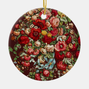Dark Burgundy Victorian Rose Floral Ribbon Pattern Ceramic Tree Decoration