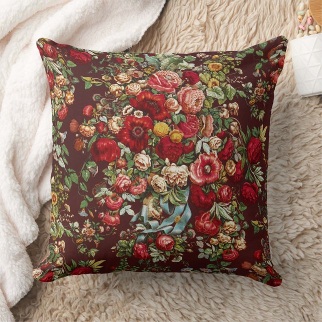 Dark Burgundy Victorian Rose Floral Ribbon Pattern Cushion (Blanket)