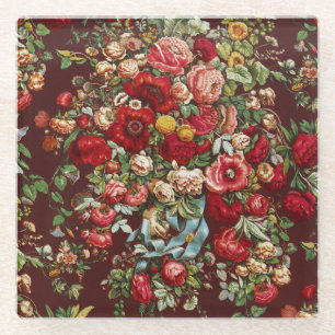 Dark Burgundy Victorian Rose Floral Ribbon Pattern Glass Coaster