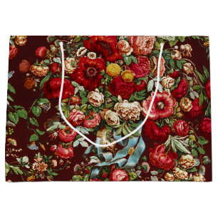 Dark Burgundy Victorian Rose Floral Ribbon Pattern Large Gift Bag
