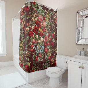 Dark Burgundy Victorian Rose Floral Ribbon Pattern Shower Curtain