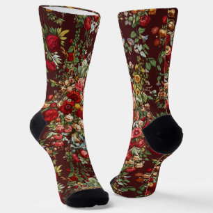 Dark Burgundy Victorian Rose Floral Ribbon Pattern Socks