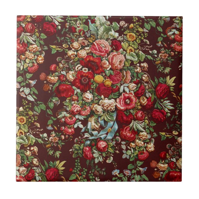 Dark Burgundy Victorian Rose Floral Ribbon Pattern Tile (Front)