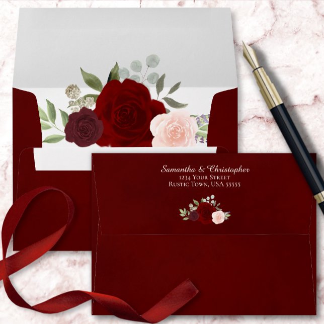 Dark Burgundy Watercolor Floral Elegant Wedding Envelope (Creator Uploaded)