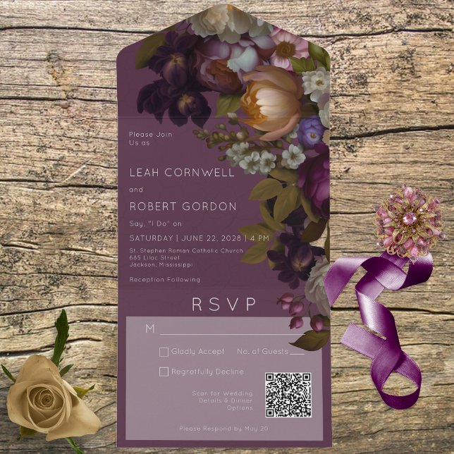 Dark Burgundy Wine Gothic Floral QR Code All In One Invitation (Creator Uploaded)