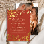 Dark Burnt Orange Gold Swirls Photo Wedding Save The Date<br><div class="desc">Dark burnt orange wedding Save the Date accented with elegant and fun gold swirls and flourishes. Personalised with your information on the front and your photo on the back. Contact me for assistance with your customisations or to request additional matching or coordinating Zazzle products for your special occasions. The background...</div>