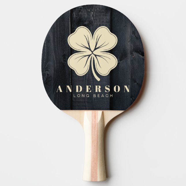 Dark Burnt Wood Four Leaf Clover with Name Ping Pong Paddle (Back)