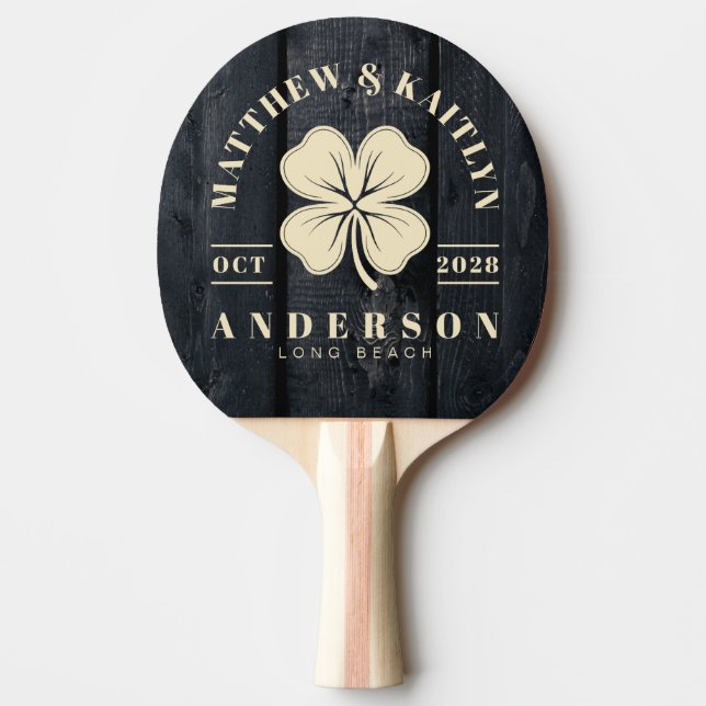 Dark Burnt Wood Irish Lucky Clover Wedding Crest Ping Pong Paddle (Front)