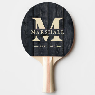 Dark Burnt Wood Monogram & Name Overlay Ping Pong Paddle