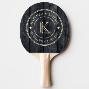 Dark Burnt Wood Wedding Monogram Star Ping Pong Paddle
