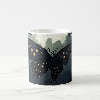 dark butterfly with wings adorned with luminous, coffee mug