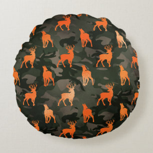 Dark Camo with Orange Deer Round Cushion