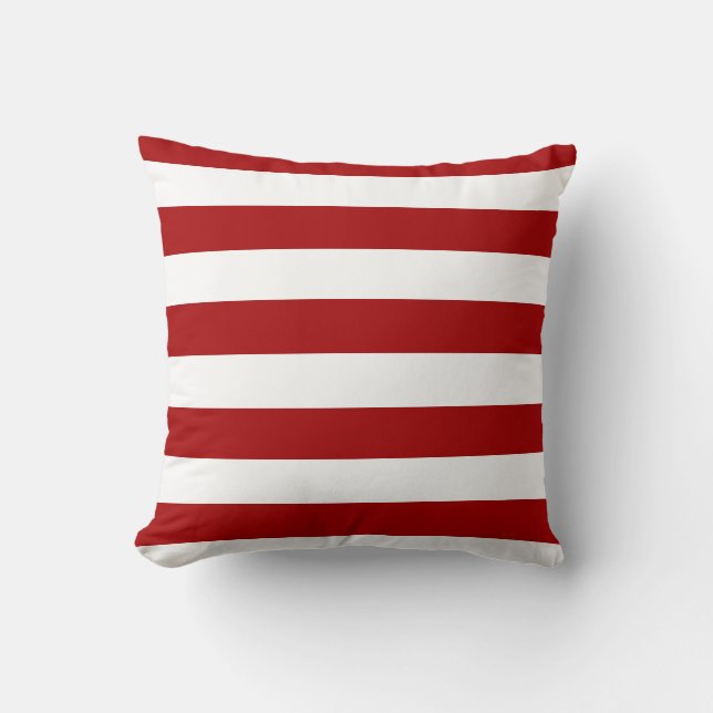 Dark Candy Apple Red and White Stripes Cushion (Front)