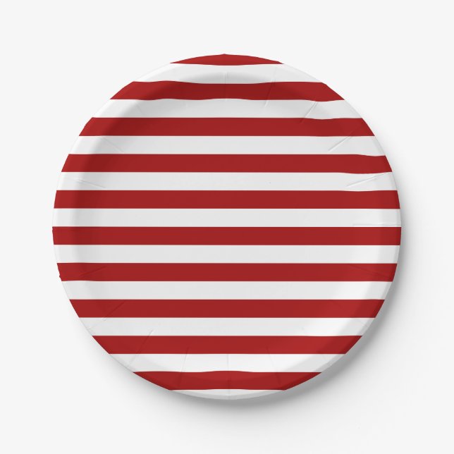 Dark Candy Apple Red and White Stripes Paper Plate (Front)