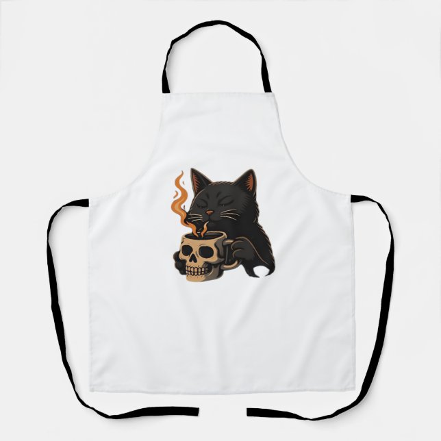 Dark Cat Coffee With Skull Mug Oversized T-Shirt Apron (Front)