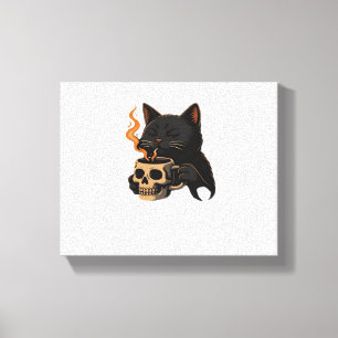 Dark Cat Coffee With Skull Mug Oversized T-Shirt Canvas Print