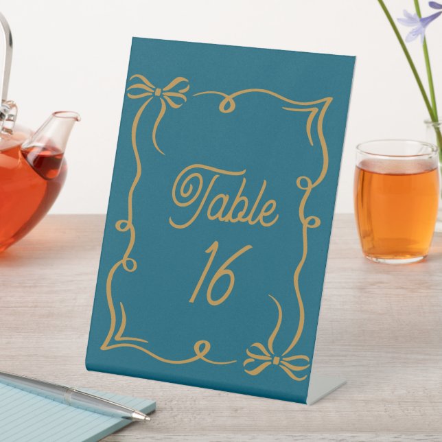 Dark Cayan Wedding Table Number Acrylic Pedestal  Sign (In SItu)