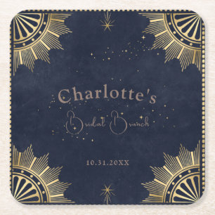 Dark Celestial Sun and Moon Bridal Brunch Shower Square Paper Coaster