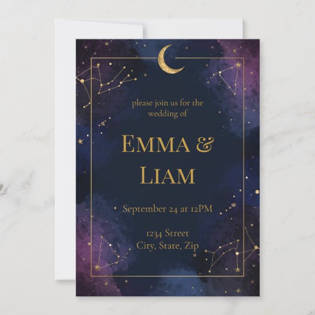 Dark Celestial Wedding Invitation | Purple & Navy (Front)