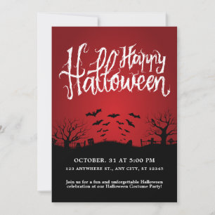 Dark Cemetery Bats Black And Red Halloween Party Invitation