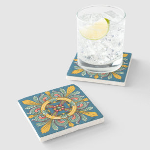 Dark Cerulean Victorian Tile Design Stone Coaster