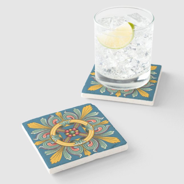Dark Cerulean Victorian Tile Design Stone Coaster (Side)