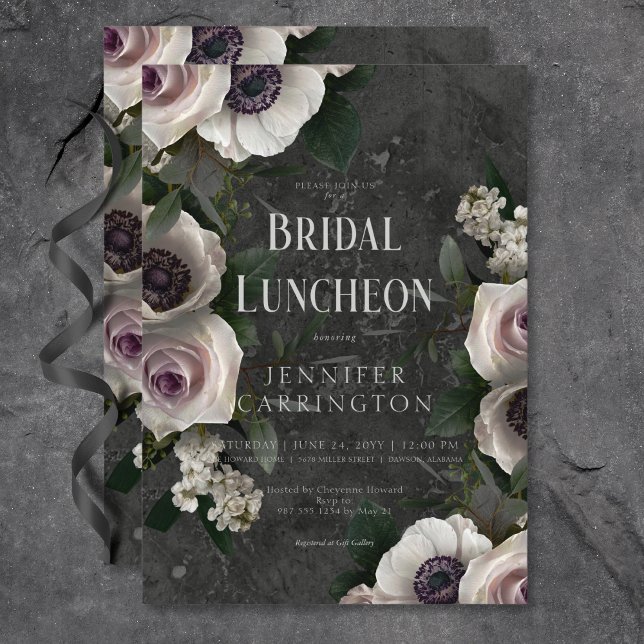 Dark Charcoal Elegant Floral Modern Bridal Lunch Invitation (Dark Charcoal Elegant Floral Modern Bridal Lunch Invitation)