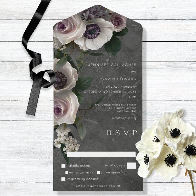 Dark Charcoal Elegant Floral Modern Dinner All In One Invitation (Creator Uploaded)