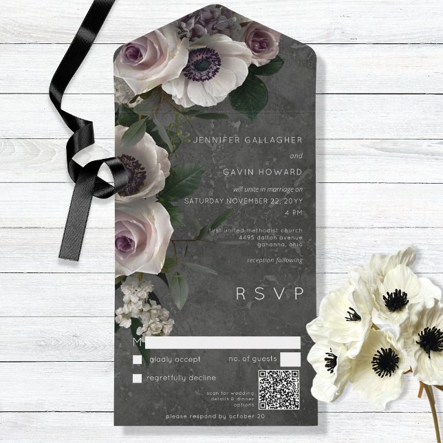 Dark Charcoal Elegant Floral Modern QR Code All In One Invitation (Creator Uploaded)