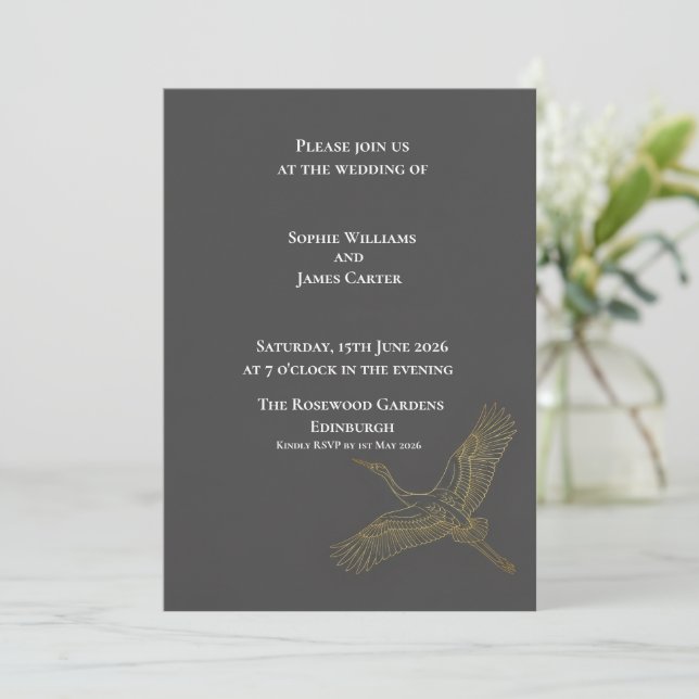 Dark Charcoal Gold Heron Scottish Wedding Invitation (Standing Front)
