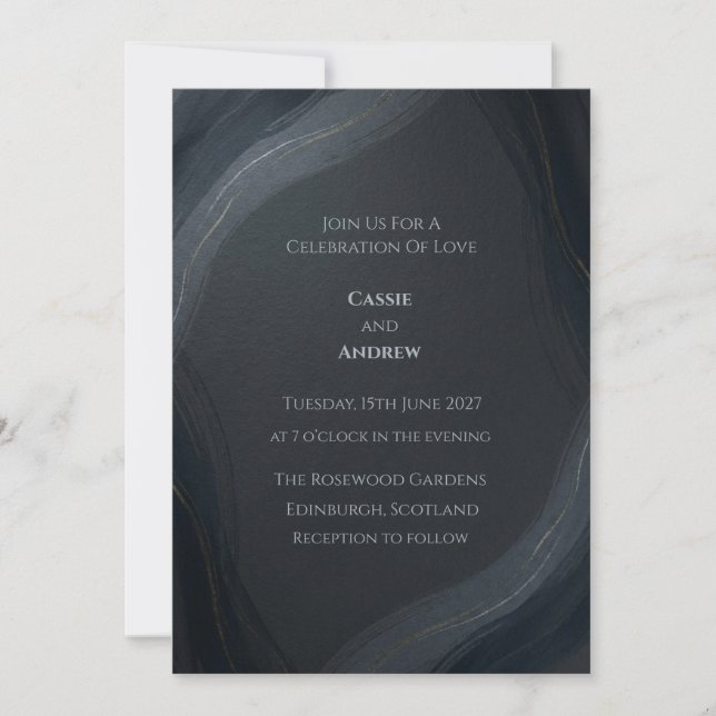 Dark Charcoal Gold Marbled Swirl Wedding Invitation (Front)