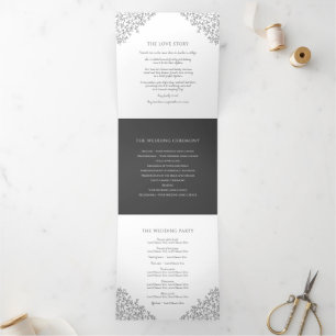Dark charcoal grey monogram art love story wedding Tri-Fold programme