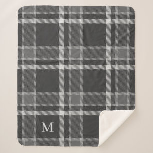 Dark Charcoal Grey Tartan Plaid with Monogram Sherpa Blanket