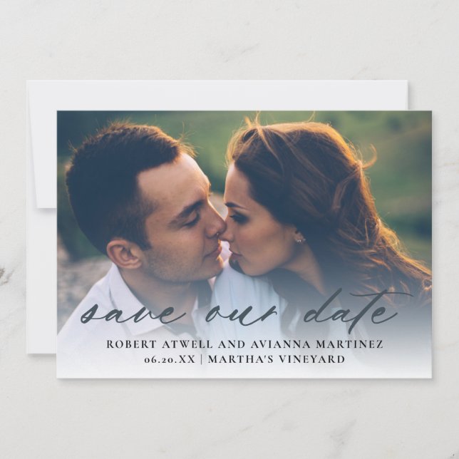 Dark Charcoal Grey Text Photo Wedding Save The Date (Front)