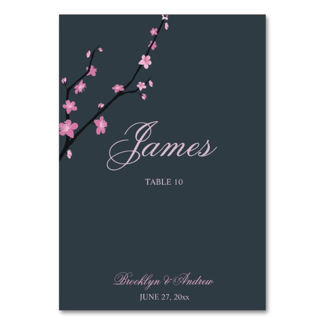 Dark Cherry Blossom Wedding Table Place Cards (Front)