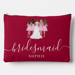 Dark Cherry Red Bridesmaid Modern Script  Accessory Pouch