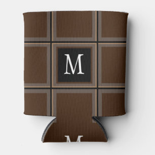 Dark Chocolate Brown Custom Single Initial Striped Can Cooler