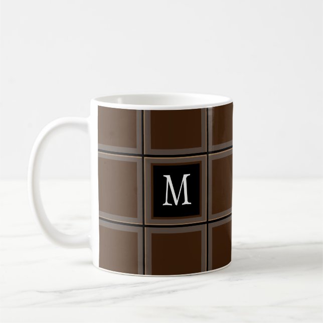 Dark Chocolate Brown Custom Single Initial Striped Coffee Mug (Left)