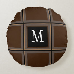 Dark Chocolate Brown Custom Single Initial Striped Round Cushion