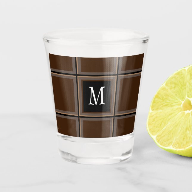 Dark Chocolate Brown Custom Single Initial Striped Shot Glass (Front)