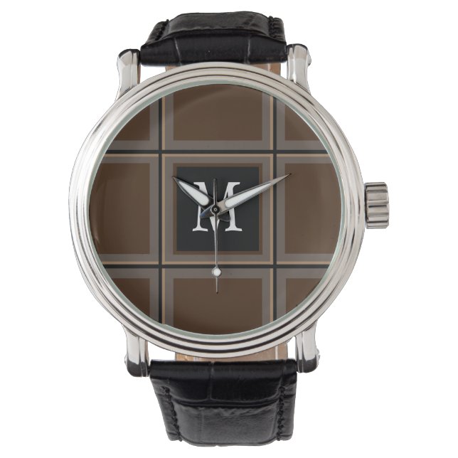 Dark Chocolate Brown Custom Single Initial Striped Watch (Front)